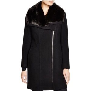 DKNY Black Asymmetrical Wool Mix Coat with Faux Fur Collar Size 14